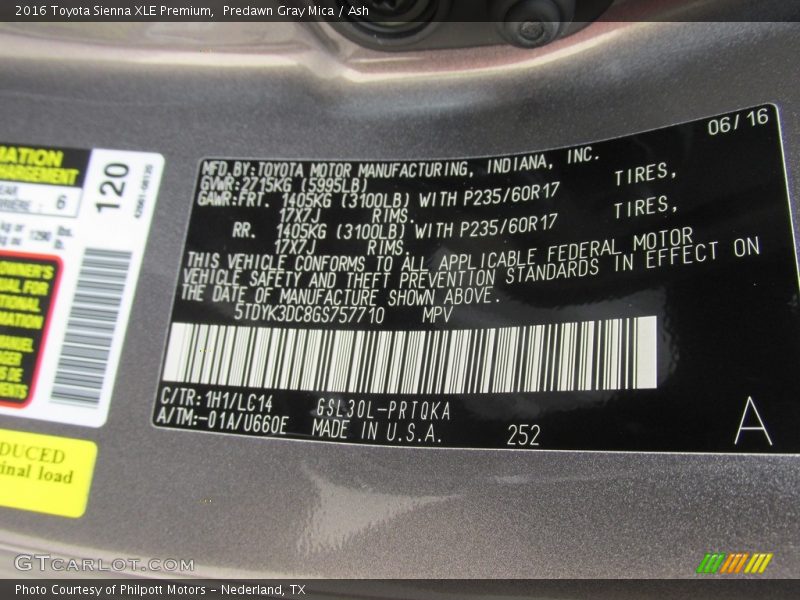 Predawn Gray Mica / Ash 2016 Toyota Sienna XLE Premium