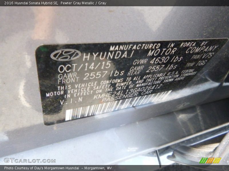 Pewter Gray Metallic / Gray 2016 Hyundai Sonata Hybrid SE