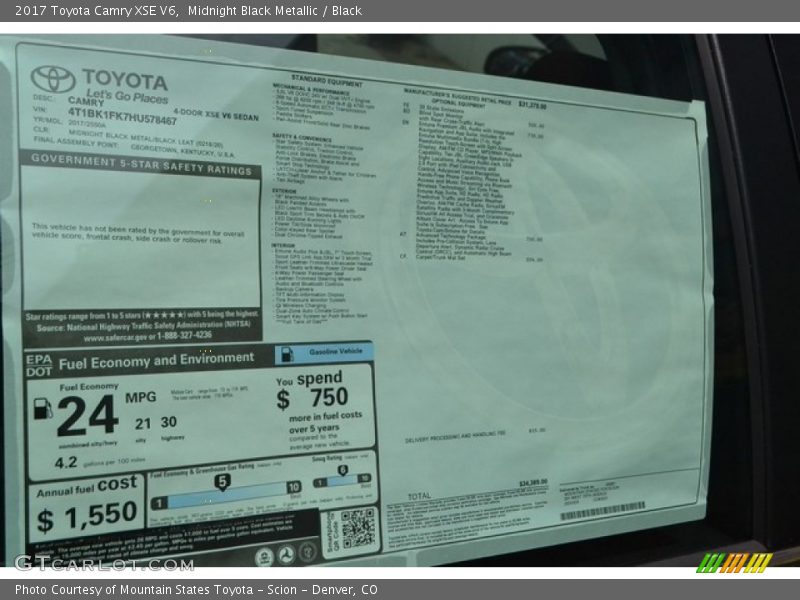  2017 Camry XSE V6 Window Sticker