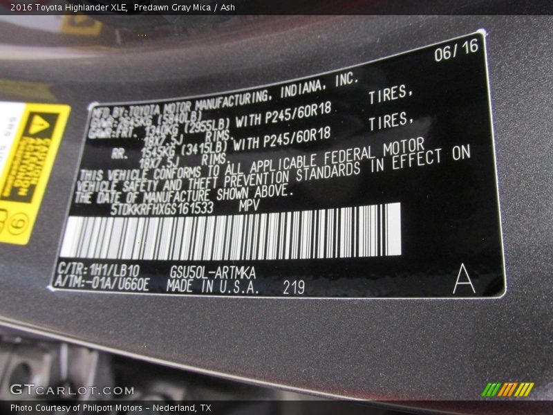 Predawn Gray Mica / Ash 2016 Toyota Highlander XLE