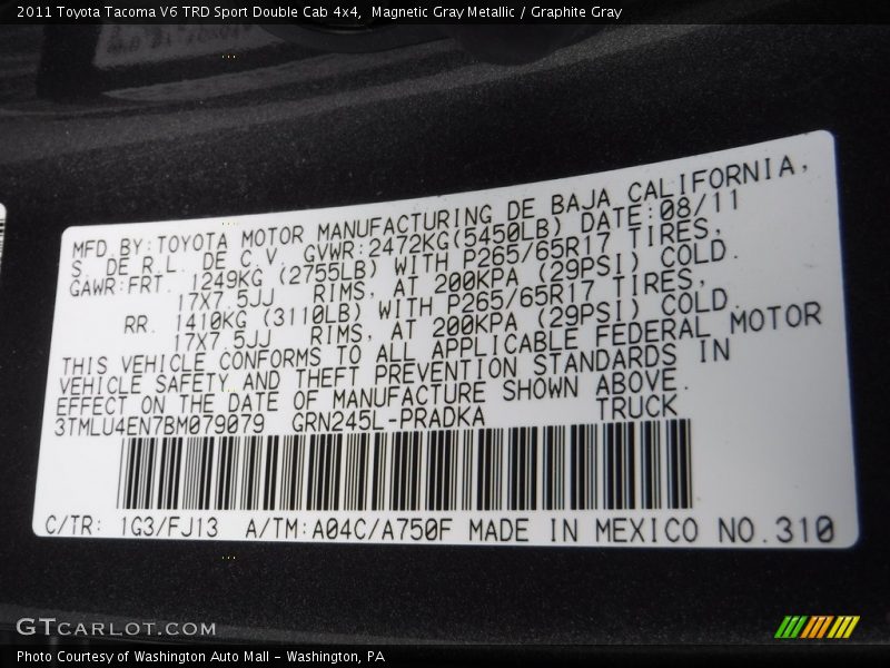 Magnetic Gray Metallic / Graphite Gray 2011 Toyota Tacoma V6 TRD Sport Double Cab 4x4