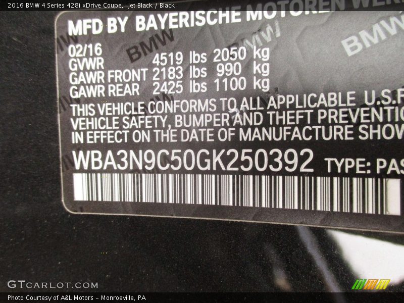 Jet Black / Black 2016 BMW 4 Series 428i xDrive Coupe