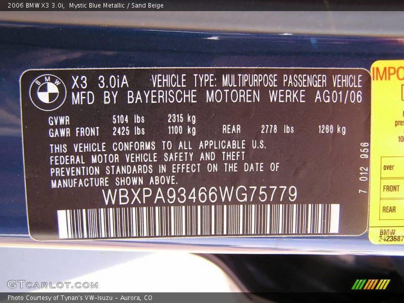 Mystic Blue Metallic / Sand Beige 2006 BMW X3 3.0i