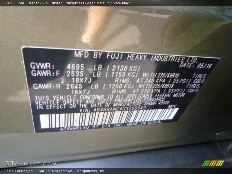 Wilderness Green Metallic / Slate Black 2016 Subaru Outback 2.5i Limited