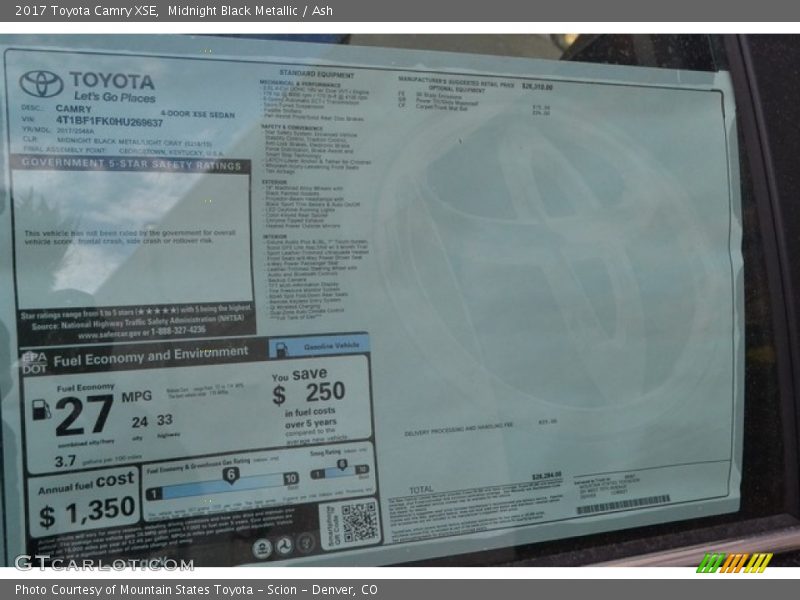  2017 Camry XSE Window Sticker