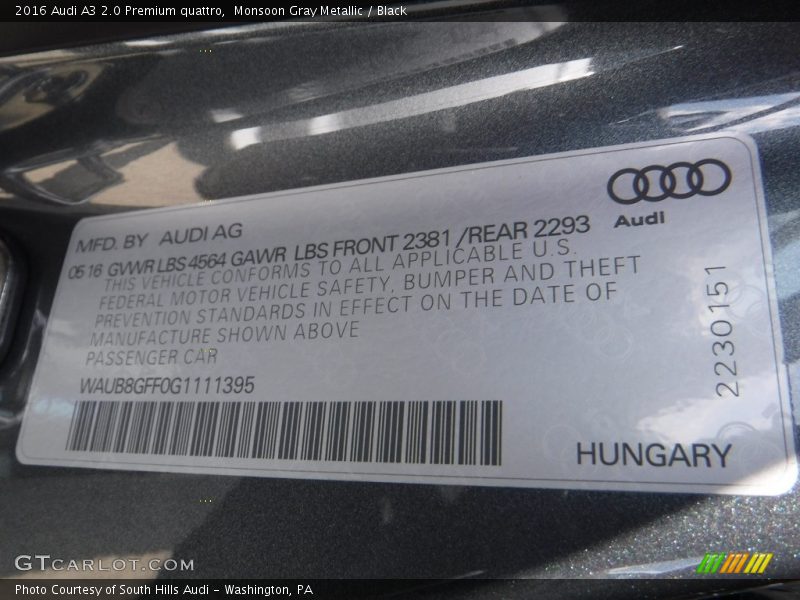Monsoon Gray Metallic / Black 2016 Audi A3 2.0 Premium quattro