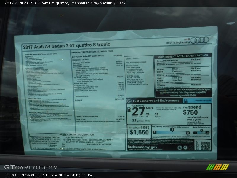  2017 A4 2.0T Premium quattro Window Sticker