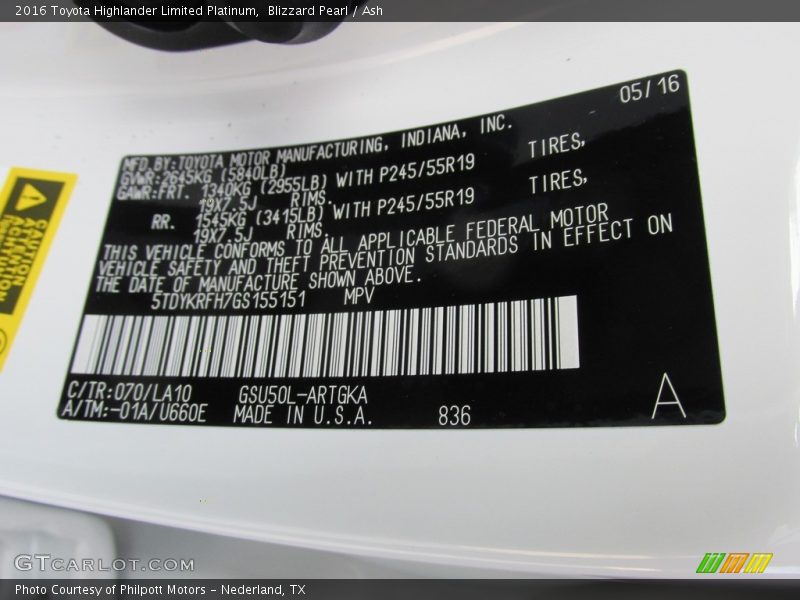 Blizzard Pearl / Ash 2016 Toyota Highlander Limited Platinum