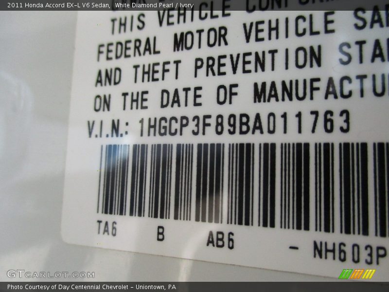 White Diamond Pearl / Ivory 2011 Honda Accord EX-L V6 Sedan