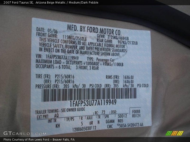 Arizona Beige Metallic / Medium/Dark Pebble 2007 Ford Taurus SE