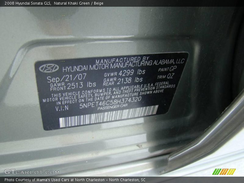 Natural Khaki Green / Beige 2008 Hyundai Sonata GLS