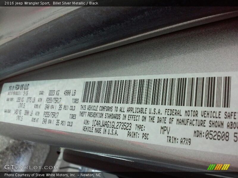 Billet Silver Metallic / Black 2016 Jeep Wrangler Sport