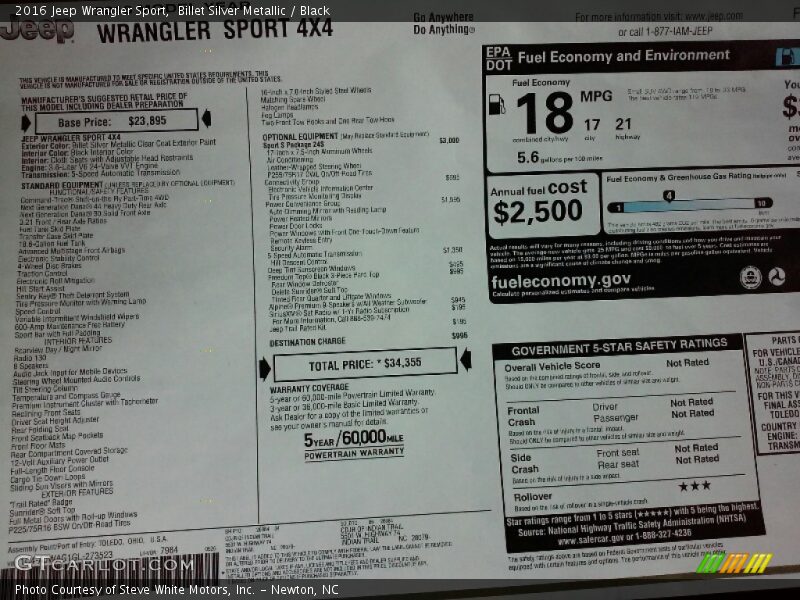 Billet Silver Metallic / Black 2016 Jeep Wrangler Sport