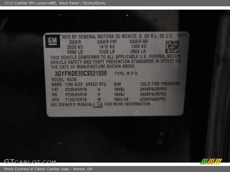 Black Raven / Ebony/Ebony 2012 Cadillac SRX Luxury AWD