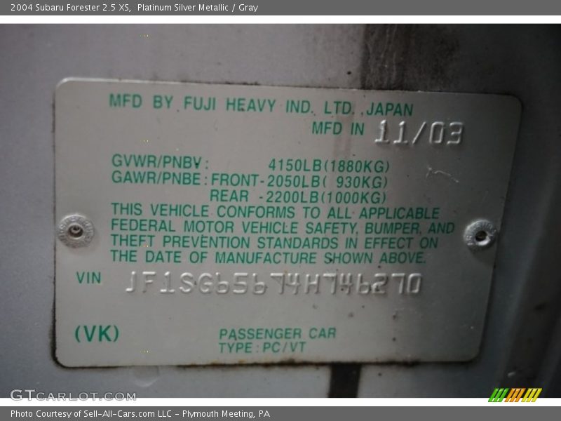 Platinum Silver Metallic / Gray 2004 Subaru Forester 2.5 XS