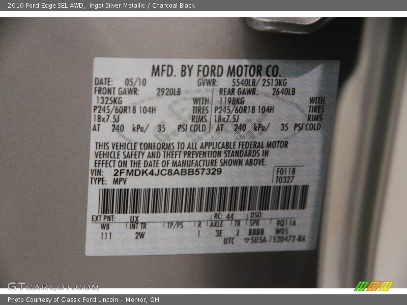 Ingot Silver Metallic / Charcoal Black 2010 Ford Edge SEL AWD