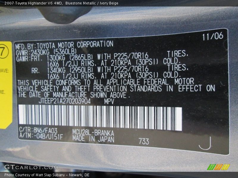 Bluestone Metallic / Ivory Beige 2007 Toyota Highlander V6 4WD