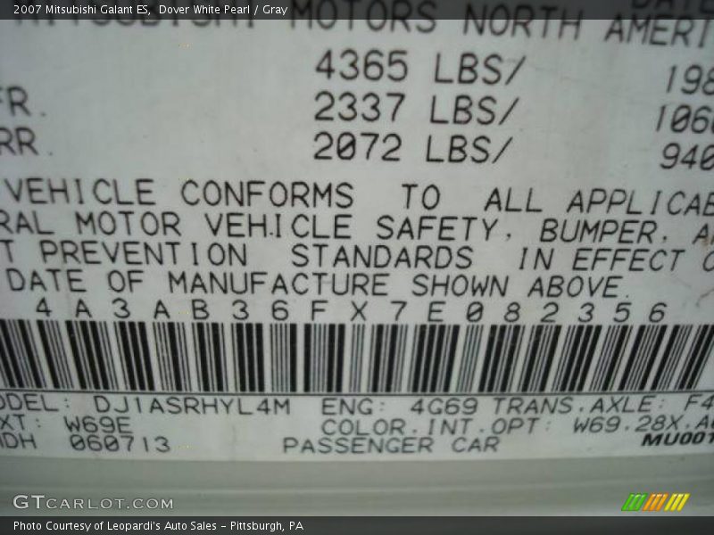Dover White Pearl / Gray 2007 Mitsubishi Galant ES