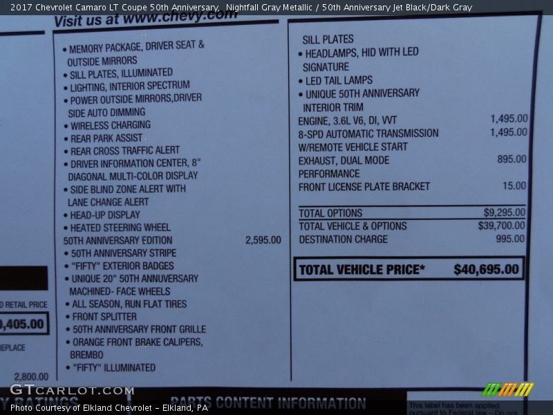  2017 Camaro LT Coupe 50th Anniversary Window Sticker