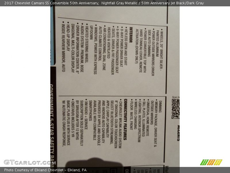  2017 Camaro SS Convertible 50th Anniversary Window Sticker