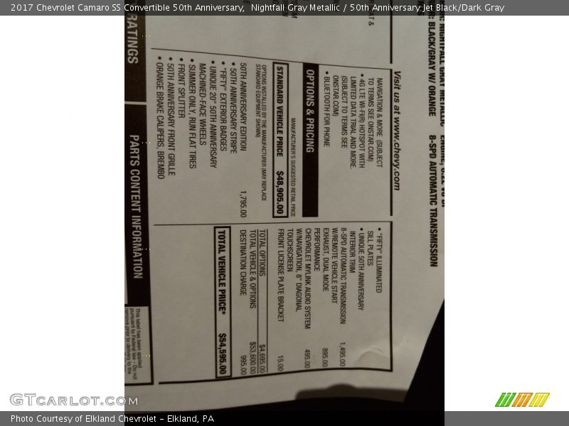  2017 Camaro SS Convertible 50th Anniversary Window Sticker