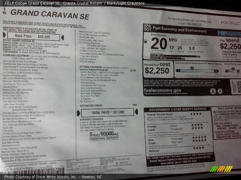 Granite Crystal Metallic / Black/Light Graystone 2016 Dodge Grand Caravan SE