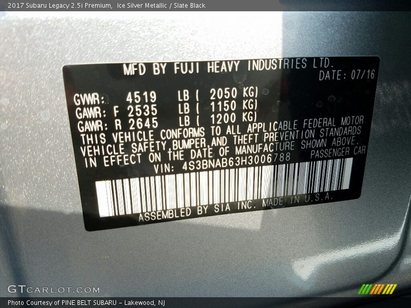 Ice Silver Metallic / Slate Black 2017 Subaru Legacy 2.5i Premium