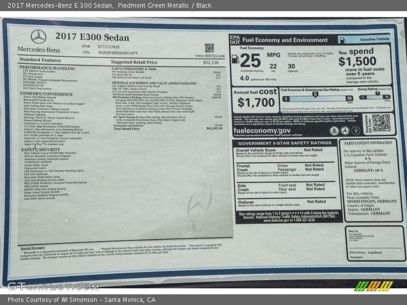  2017 E 300 Sedan Window Sticker
