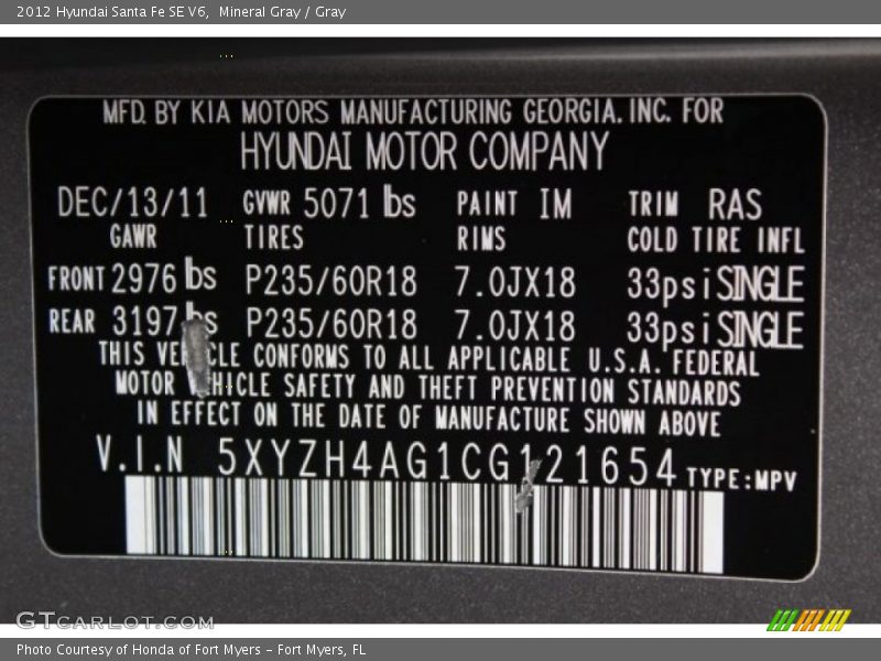 Mineral Gray / Gray 2012 Hyundai Santa Fe SE V6
