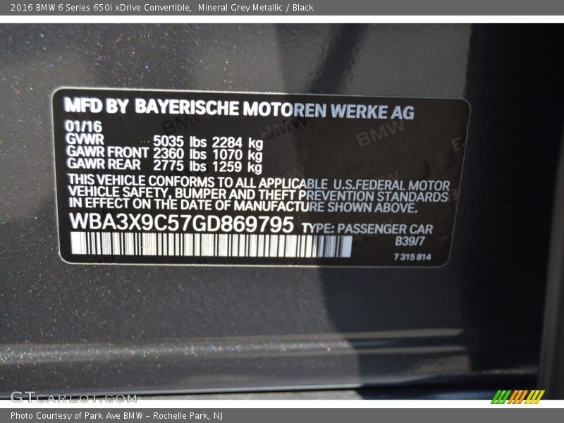 2016 6 Series 650i xDrive Convertible Mineral Grey Metallic Color Code B39
