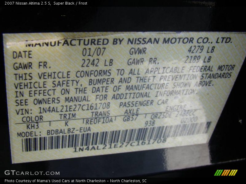 Super Black / Frost 2007 Nissan Altima 2.5 S