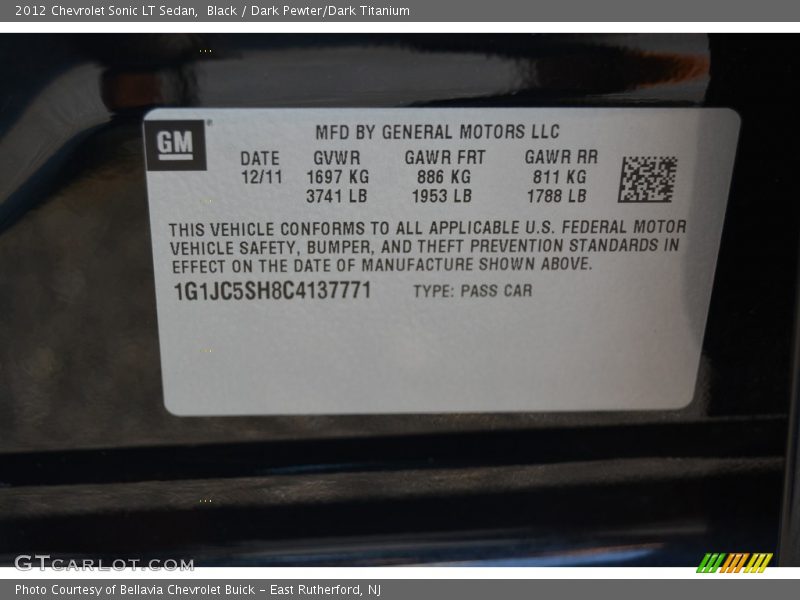 Black / Dark Pewter/Dark Titanium 2012 Chevrolet Sonic LT Sedan