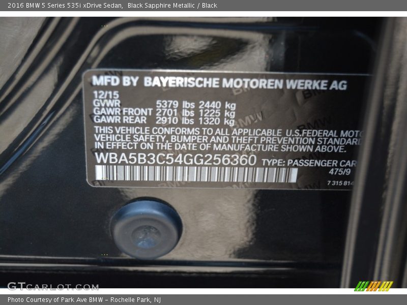 Black Sapphire Metallic / Black 2016 BMW 5 Series 535i xDrive Sedan