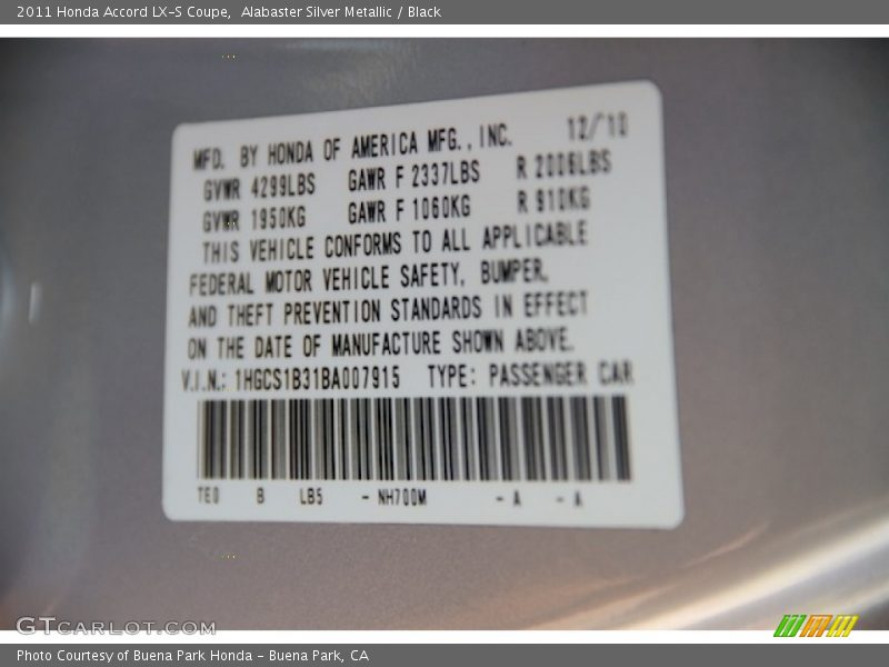 Alabaster Silver Metallic / Black 2011 Honda Accord LX-S Coupe