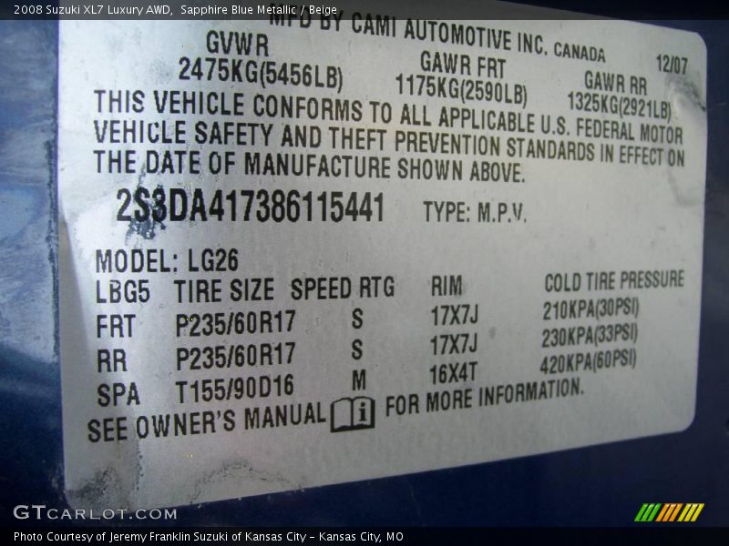 Sapphire Blue Metallic / Beige 2008 Suzuki XL7 Luxury AWD