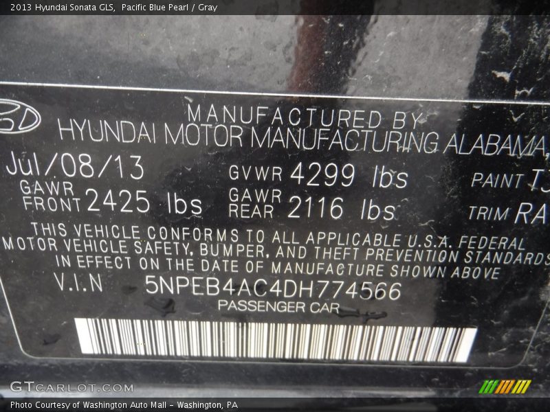 Pacific Blue Pearl / Gray 2013 Hyundai Sonata GLS