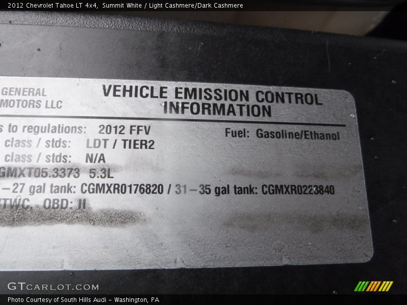 Summit White / Light Cashmere/Dark Cashmere 2012 Chevrolet Tahoe LT 4x4