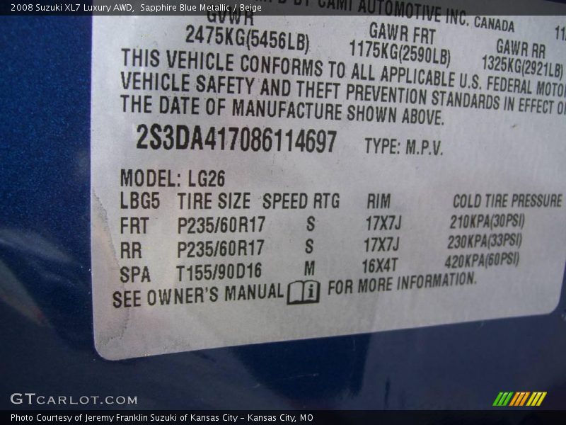 Sapphire Blue Metallic / Beige 2008 Suzuki XL7 Luxury AWD