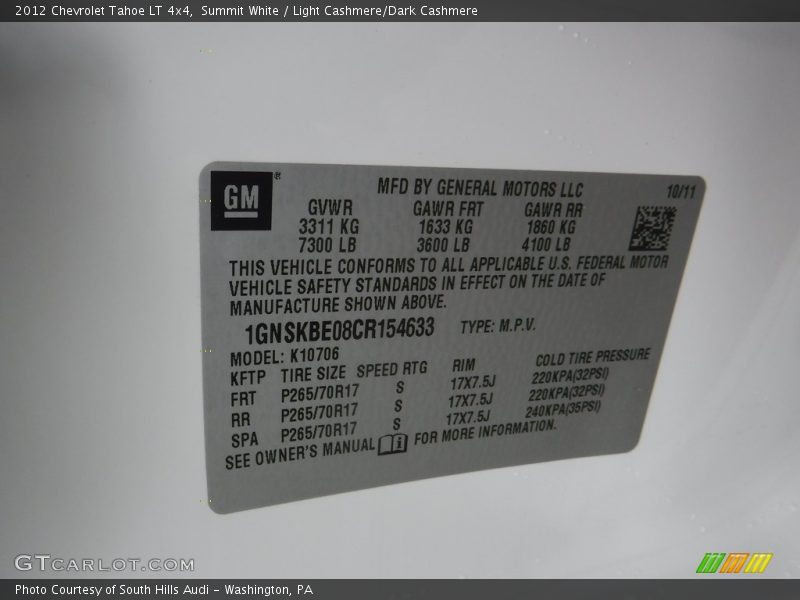 Summit White / Light Cashmere/Dark Cashmere 2012 Chevrolet Tahoe LT 4x4