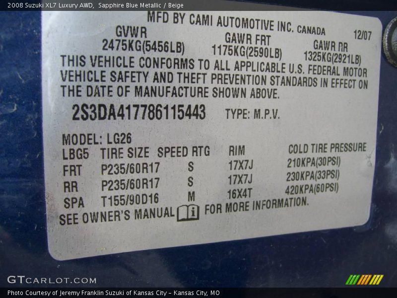 Sapphire Blue Metallic / Beige 2008 Suzuki XL7 Luxury AWD