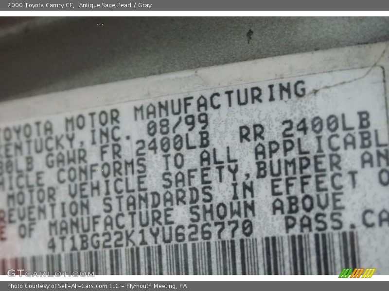 Antique Sage Pearl / Gray 2000 Toyota Camry CE