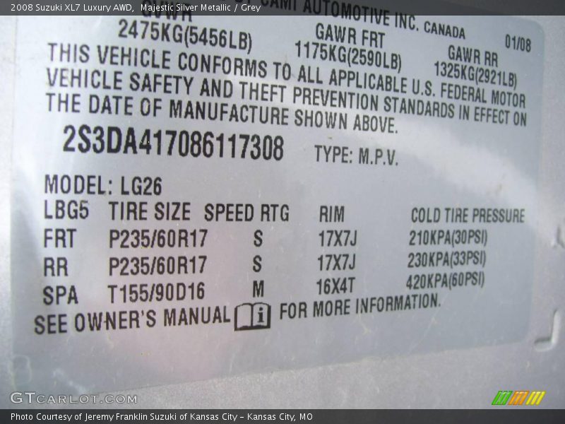 Majestic Silver Metallic / Grey 2008 Suzuki XL7 Luxury AWD