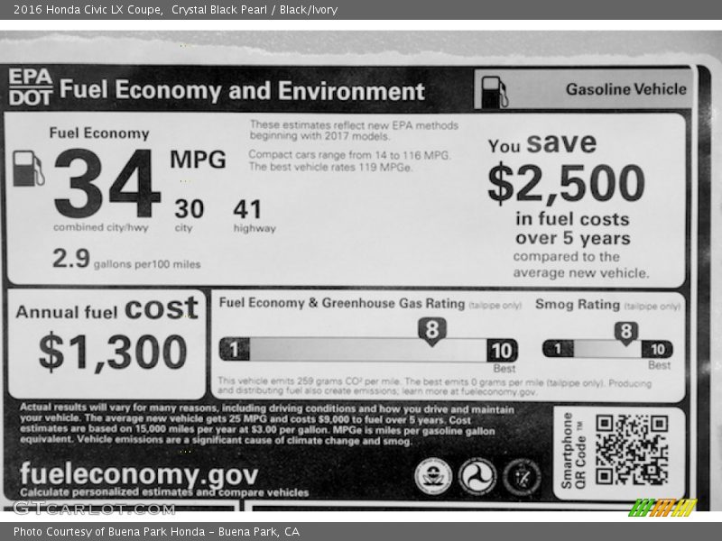 Crystal Black Pearl / Black/Ivory 2016 Honda Civic LX Coupe