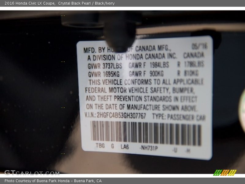 Crystal Black Pearl / Black/Ivory 2016 Honda Civic LX Coupe