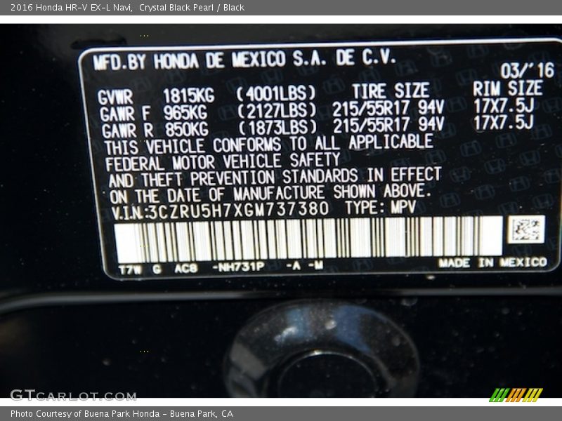 Crystal Black Pearl / Black 2016 Honda HR-V EX-L Navi