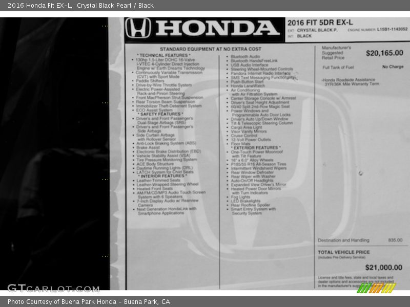 Crystal Black Pearl / Black 2016 Honda Fit EX-L