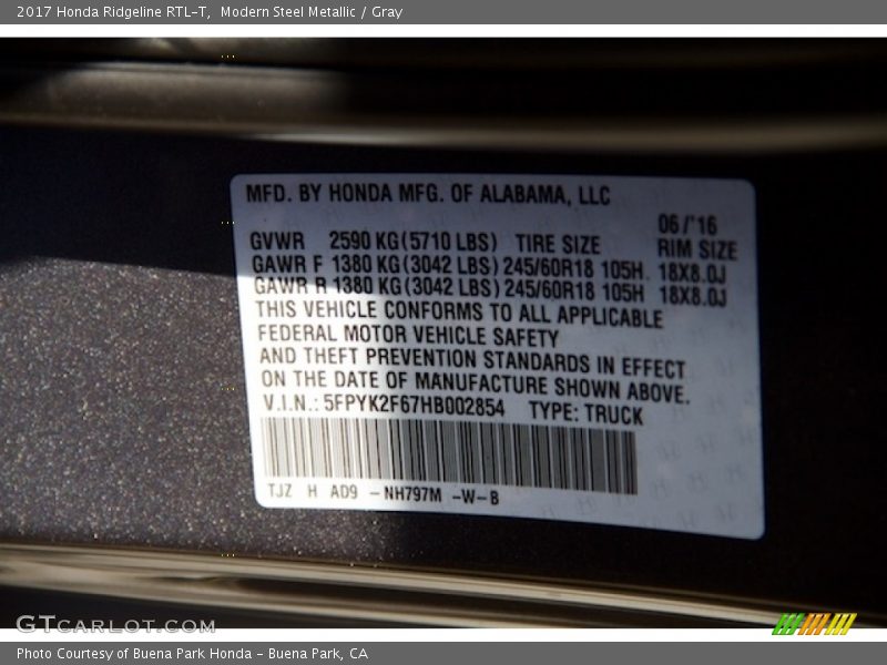 2017 Ridgeline RTL-T Modern Steel Metallic Color Code NH797M