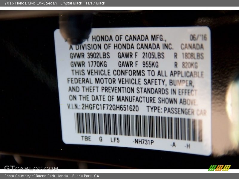 Crystal Black Pearl / Black 2016 Honda Civic EX-L Sedan