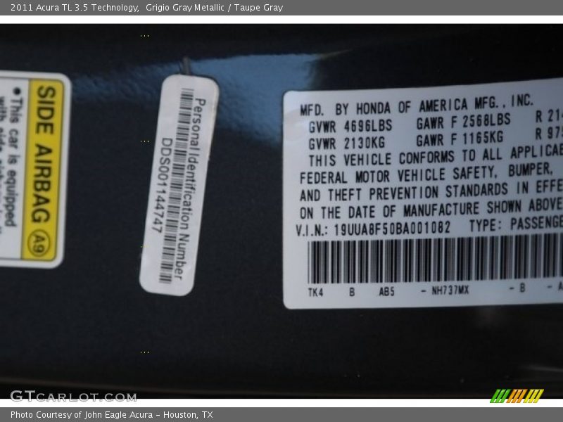 Grigio Gray Metallic / Taupe Gray 2011 Acura TL 3.5 Technology