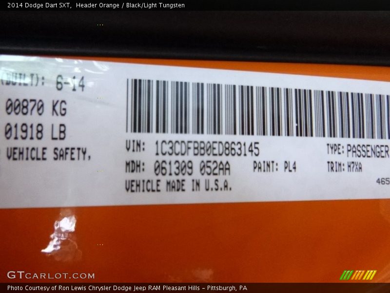 Header Orange / Black/Light Tungsten 2014 Dodge Dart SXT